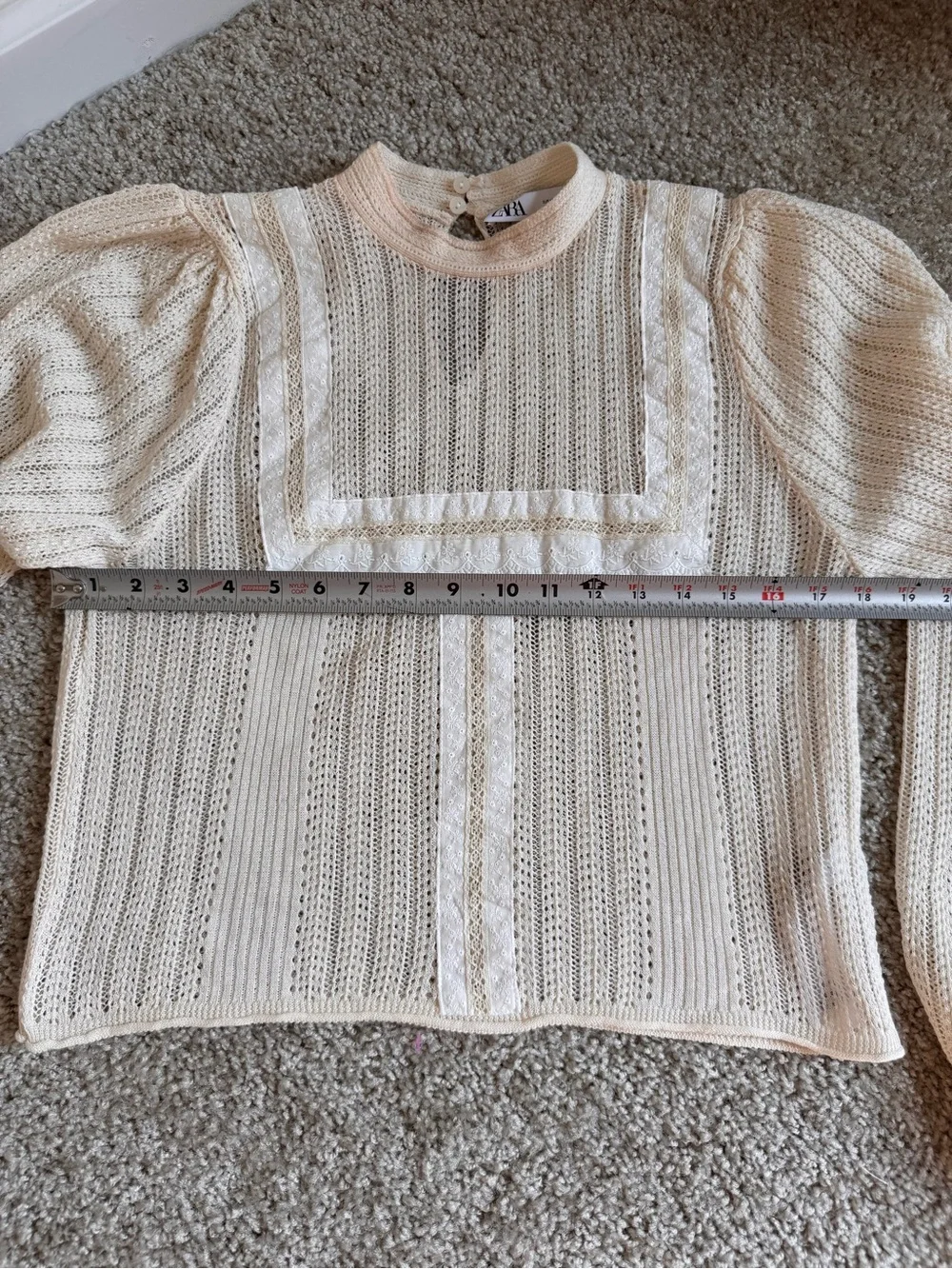 Zara Cream Crochet Knit Sweater with Lace Bib Detail